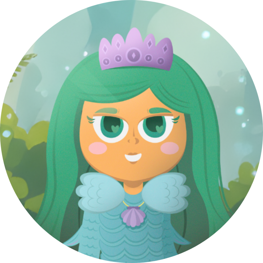 Ilustração circular da personagem Iara em estilo infantil, com cabelos verdes longos, coroa lilás, olhos grandes verdes e vestido em tons de azul com escamas. Fundo com elementos de floresta e brilho suave, remetendo ao universo mágico e folclórico.