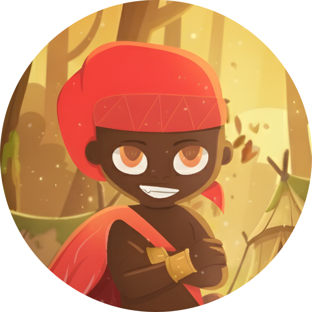 Ilustração circular do personagem folclórico Saci, representado como um menino negro de uma perna só, usando gorro vermelho e faixa no corpo. Ele aparece com os braços cruzados, expressão confiante e sorriso discreto. O fundo mostra uma floresta com luz dourada e elementos naturais, remetendo ao ambiente do folclore brasileiro.