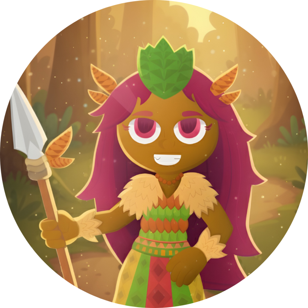 Ilustração circular da personagem folclórica Caipora, representada como uma figura feminina indígena, com pele em tom terroso, cabelos longos arroxeados e adereços de folhas. Ela segura uma lança e veste roupas feitas de folhas, sementes e fibras naturais. O cenário é uma floresta iluminada por luz dourada, com árvores, partículas brilhantes e atmosfera mágica, simbolizando a guardiã da natureza e dos animais.