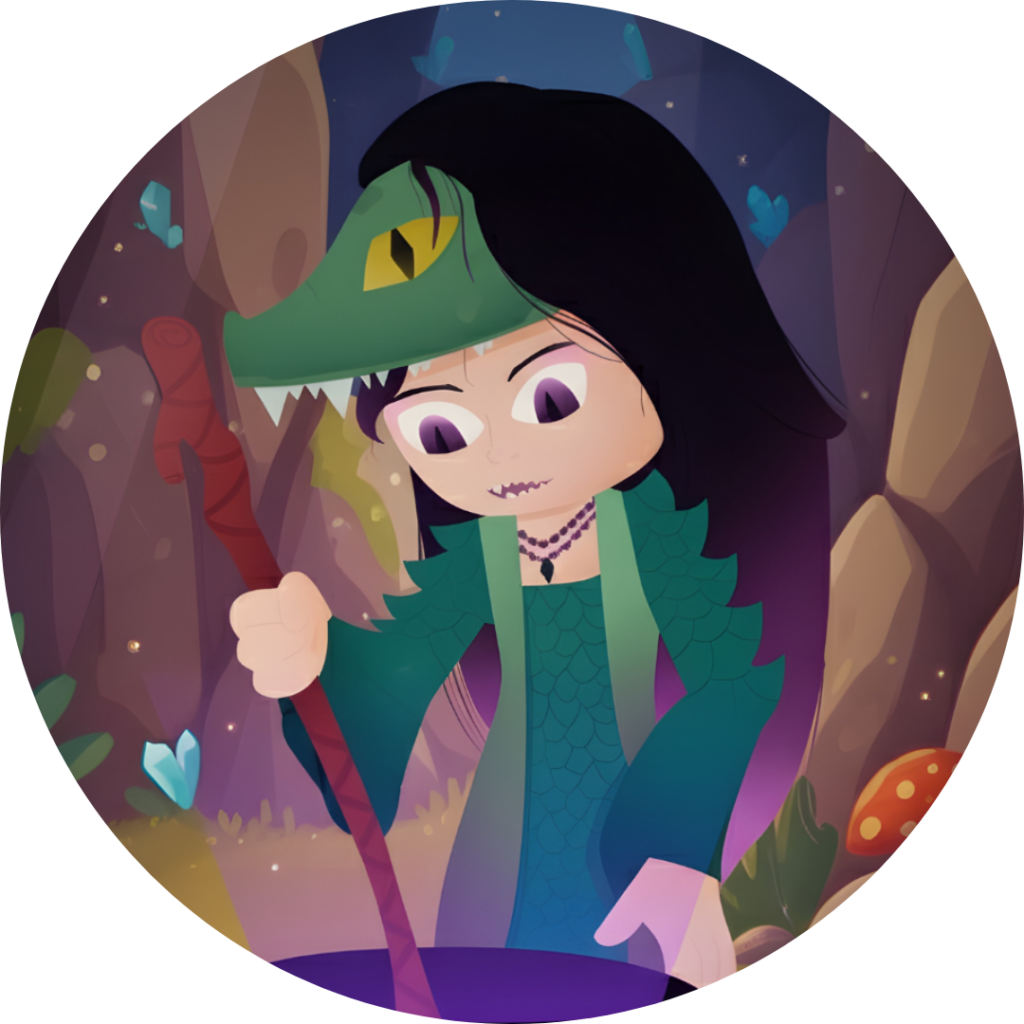 Ilustração circular da personagem folclórica Cuca, representada como uma figura feminina com capuz em forma de cabeça de jacaré. Ela segura um cajado e mexe um caldeirão, vestindo roupas em tons de verde com textura de escamas. O cenário é uma caverna mágica, com pedras, cristais, plantas e luzes suaves, criando uma atmosfera misteriosa e encantada.