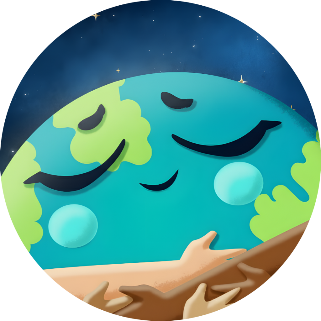 Ilustração circular do planeta Terra com rosto sereno e sorridente, olhos fechados, em tons de azul e verde. O planeta aparece sendo acolhido por mãos humanas, com fundo estrelado que remete ao espaço, transmitindo cuidado, afeto e proteção ao meio ambiente.