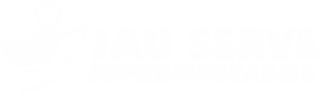 Logotipo do Jaú Serve Supermercados em versão branca, com símbolo estilizado à esquerda e o nome “Jaú Serve Supermercados” escrito em letras maiúsculas à direita.