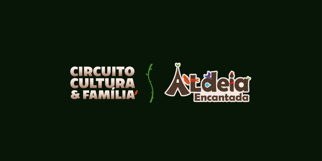 Capa gráfica com fundo verde escuro apresentando os logotipos do projeto “Circuito Cultura & Família” e da iniciativa “Aldeia Encantada”, separados por um elemento vertical orgânico. O design utiliza tipografia estilizada inspirada em elementos naturais, sem presença de pessoas ou cenários reais.