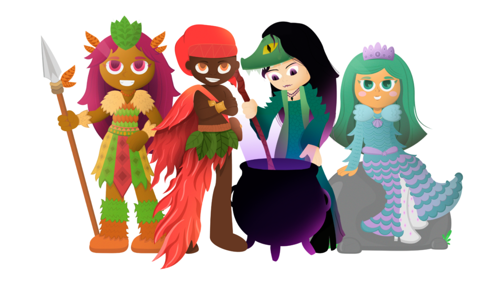 Ilustrações estilizadas de quatro personagens folclóricos infantis lado a lado: Caipora com lança e trajes de folhas, o Saci com capa vermelha e saia de folhas, Cuca mexendo um caldeirão e, ao lado, a sereia Iara com cauda azul e coroa lilás sentada em uma rocha.