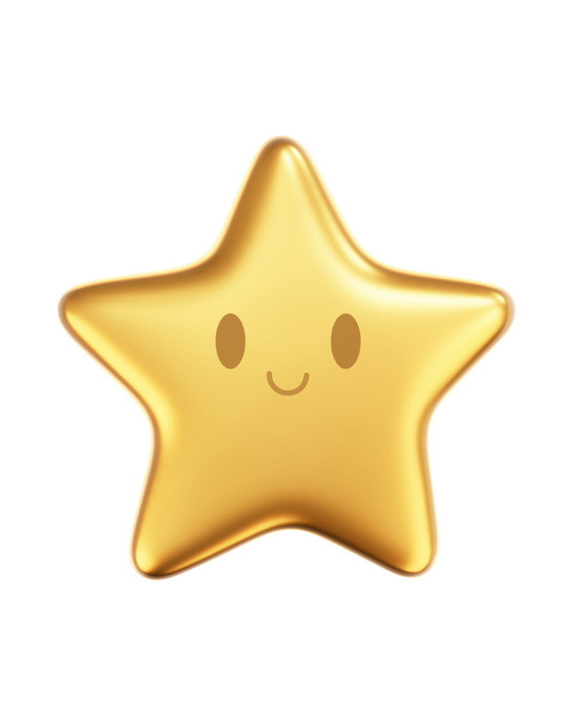 Ícone de estrela dourada com rosto sorridente, representando destaque, conquista e avaliação positiva.