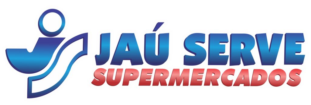 Logotipo do Jaú Serve Supermercados, com símbolo azul estilizado à esquerda e o nome da marca em degradê azul e vermelho.